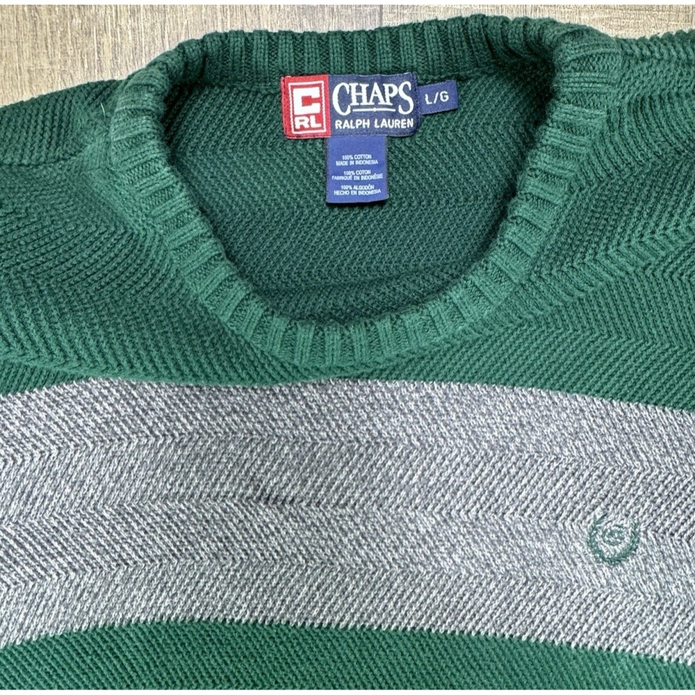 Vintage Chaps Ralph Lauren Rugby Sweater Green Gray Striped Men’s Large Crest - Picture 7 of 12
